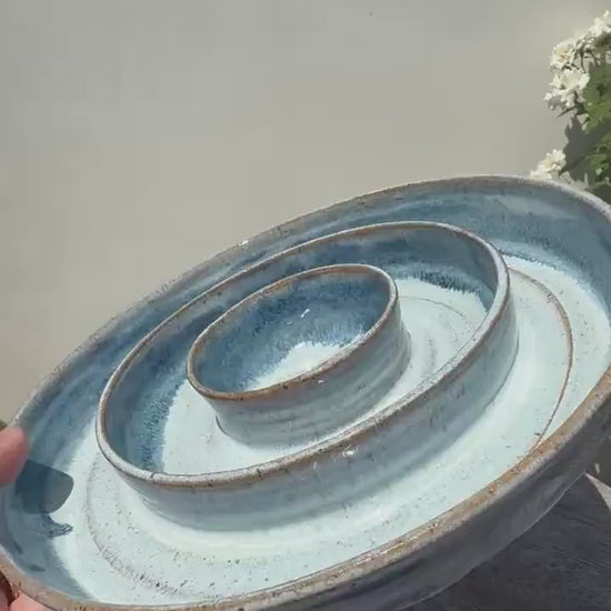 Chip n’ Dip Dish, 9” wide Dishwasher-Safe Charcuterie 3-compartment dish, Wheel-thrown Pottery