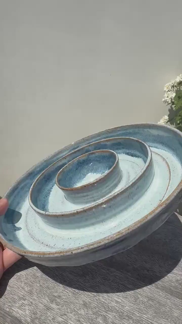 Chip n’ Dip Dish, 9” wide Dishwasher-Safe Charcuterie 3-compartment dish, Wheel-thrown Pottery