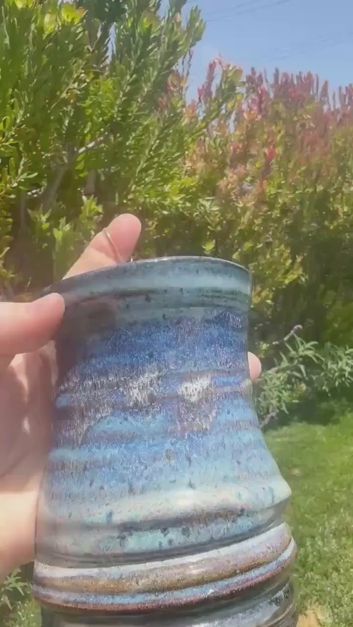 Hanging Wall Pocket Vases, Handmade Plant Pots with  Copper Wire Hook, Beach Blue Glazed Ceramics — Wheel-thrown Stoneware Pottery