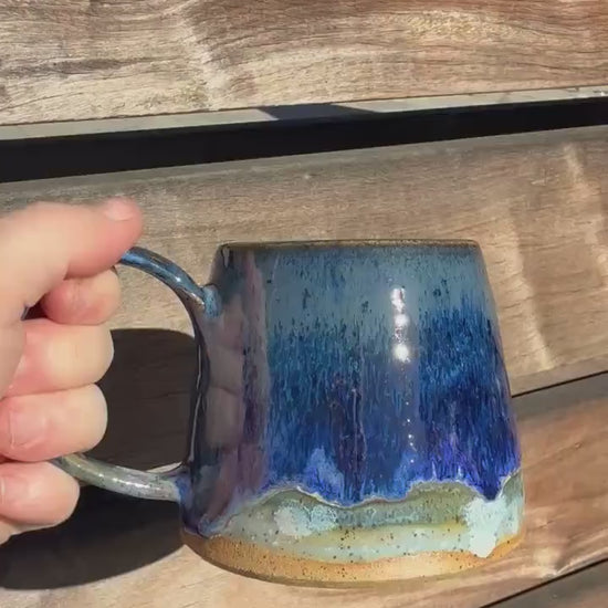 Handmade carved stoneware mug, A-shape coffee cup with stable base and comfortable handle, made with black clay and sparkly black glaze - Ceramics By Court
