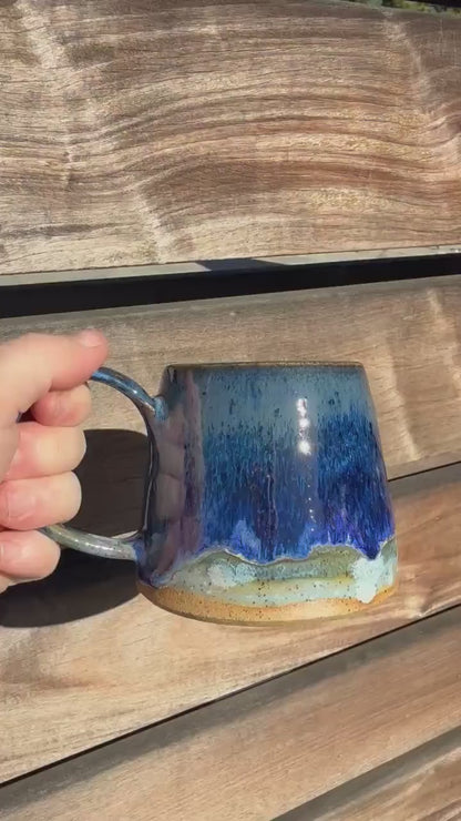 Handmade carved stoneware mug, A-shape coffee cup with stable base and comfortable handle, made with black clay and sparkly black glaze - Ceramics By Court