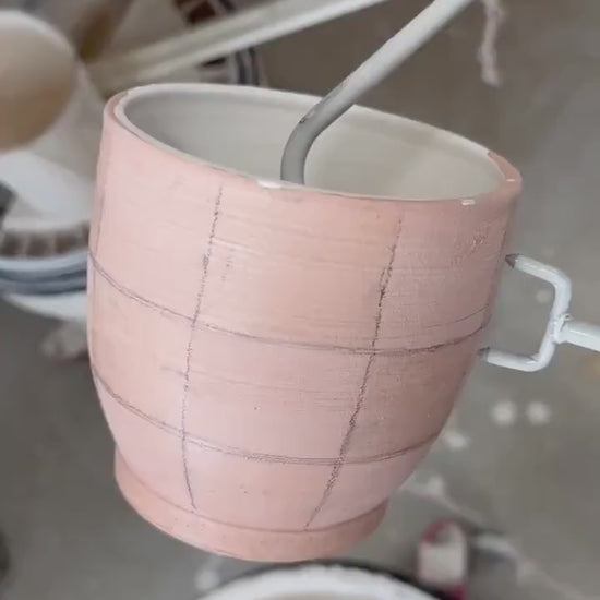 Checkered Mugs, Hand-Painted Wax Resist, Large Mugs with Comfortable Handles