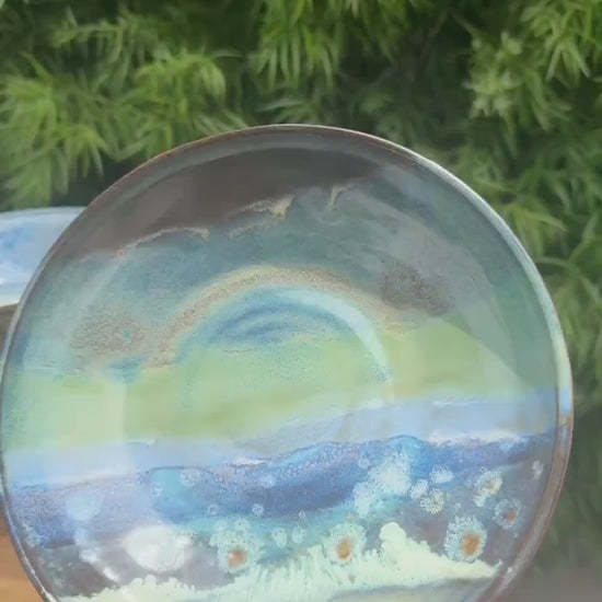 Pedestal Bowls, Hand-Painted Beach Wave, Funtional Coastal Home Decor