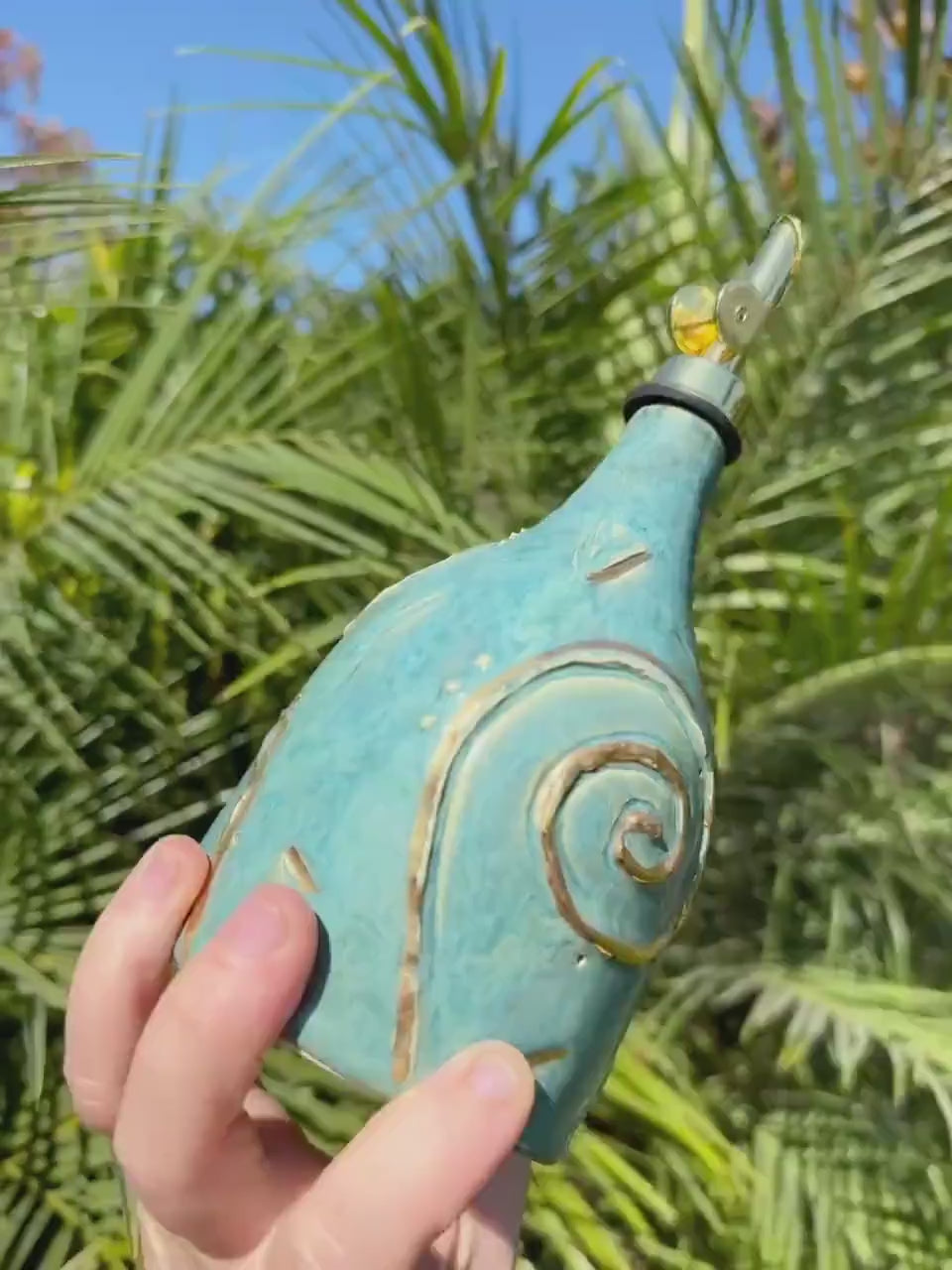 Olive Oil Vinegar Bottle Cruet, Hand-Carved Swirl “Tefiti” Design